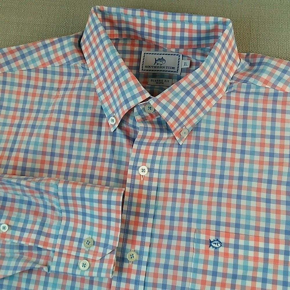 Southern Tide Button Down Shirt Mens XL Blue Orange Gingham Classic Fit Cotton